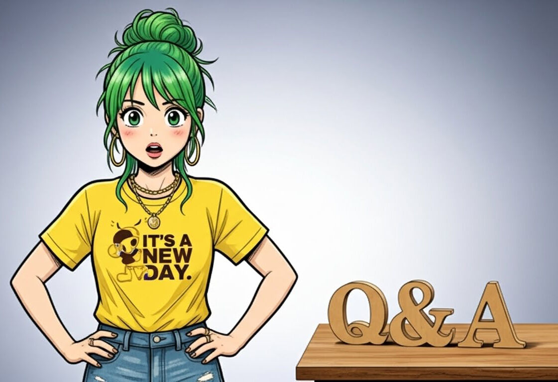 本町田みどりちゃんがQ&Aのロゴの前に立っている
